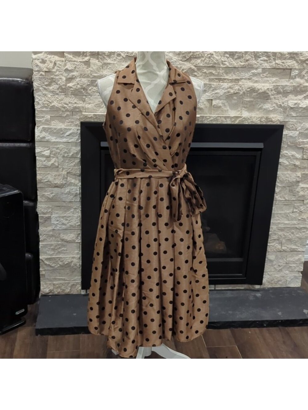 Laura Petites Copper And Black Polka Dot Sleeveless Dress With Belt